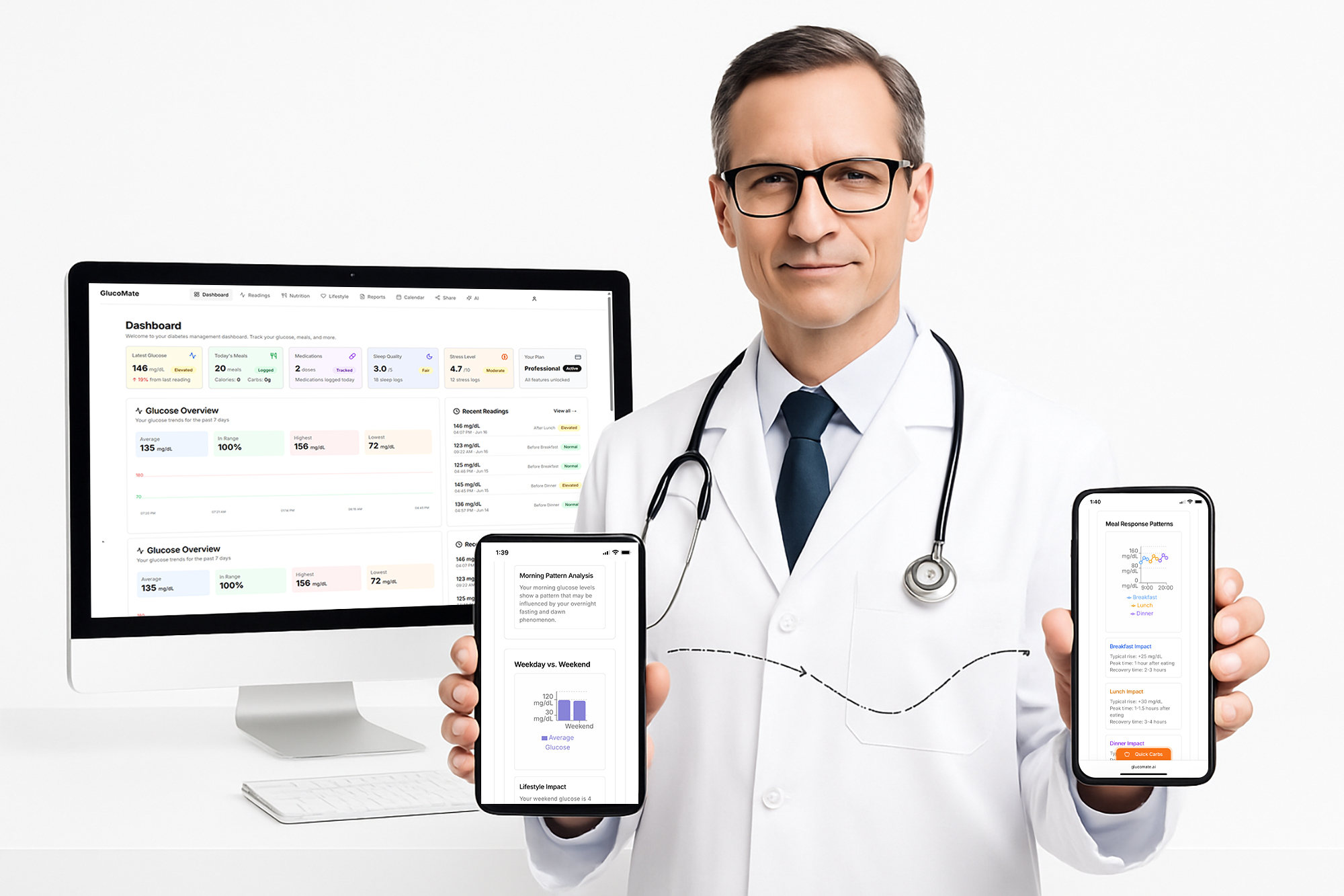 Professional doctor with comprehensive GlucoMate AI dashboard showing multi-device diabetes management platform